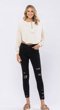 Load image into Gallery viewer, Judy Blue Distressed Leopard Patch Skinny Jeans - Black Denim
