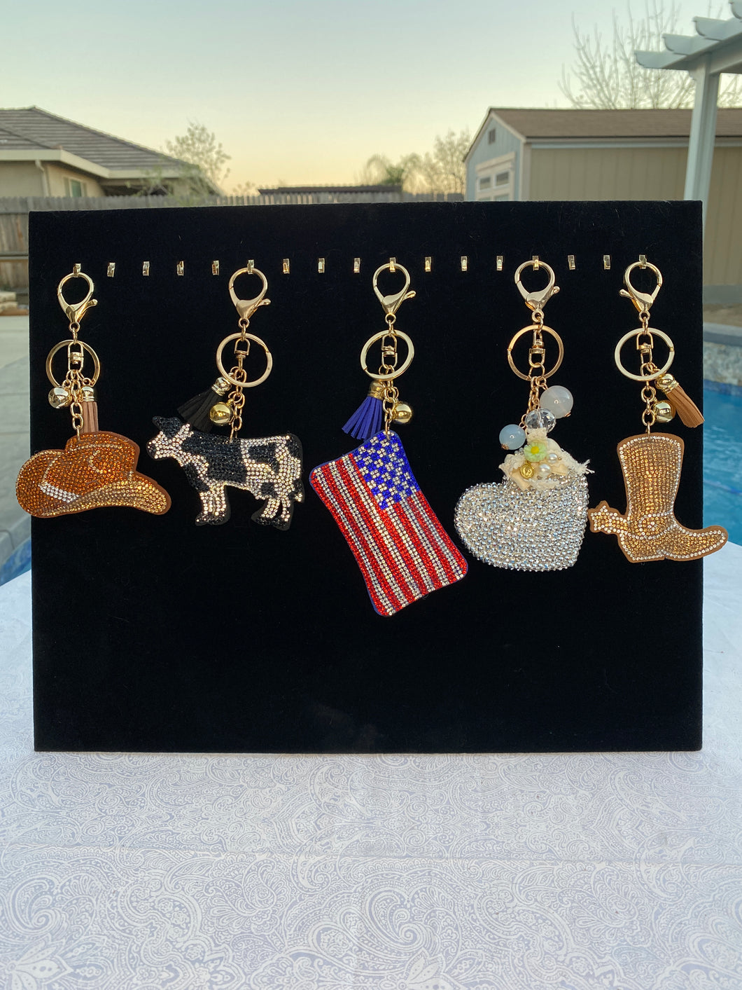 Bling Rhinestone Puffy Keychain - Cowboy Hat, Cow, USA Flag,