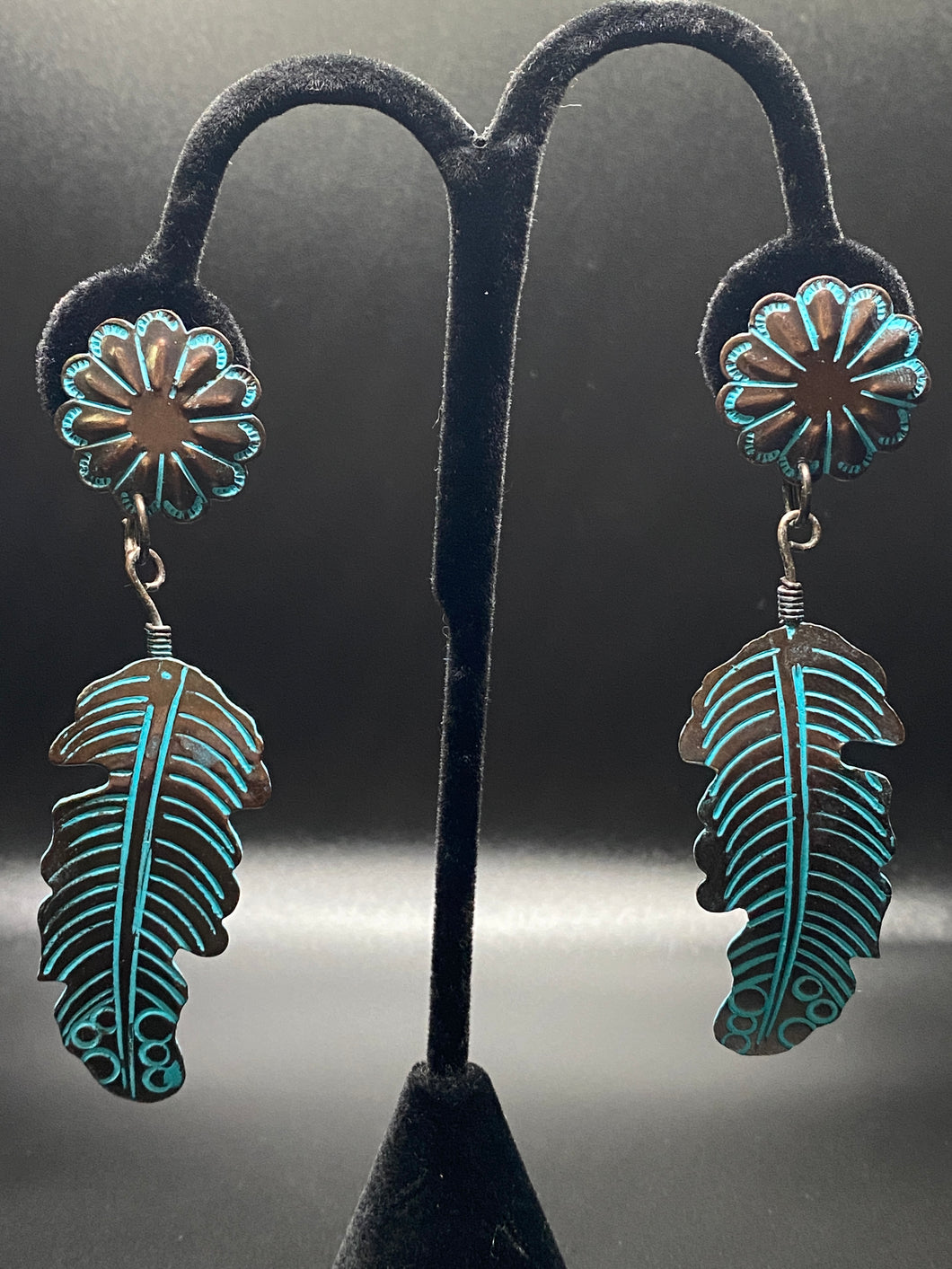 Turquoise and Copper Patina Feather Drop Earrings