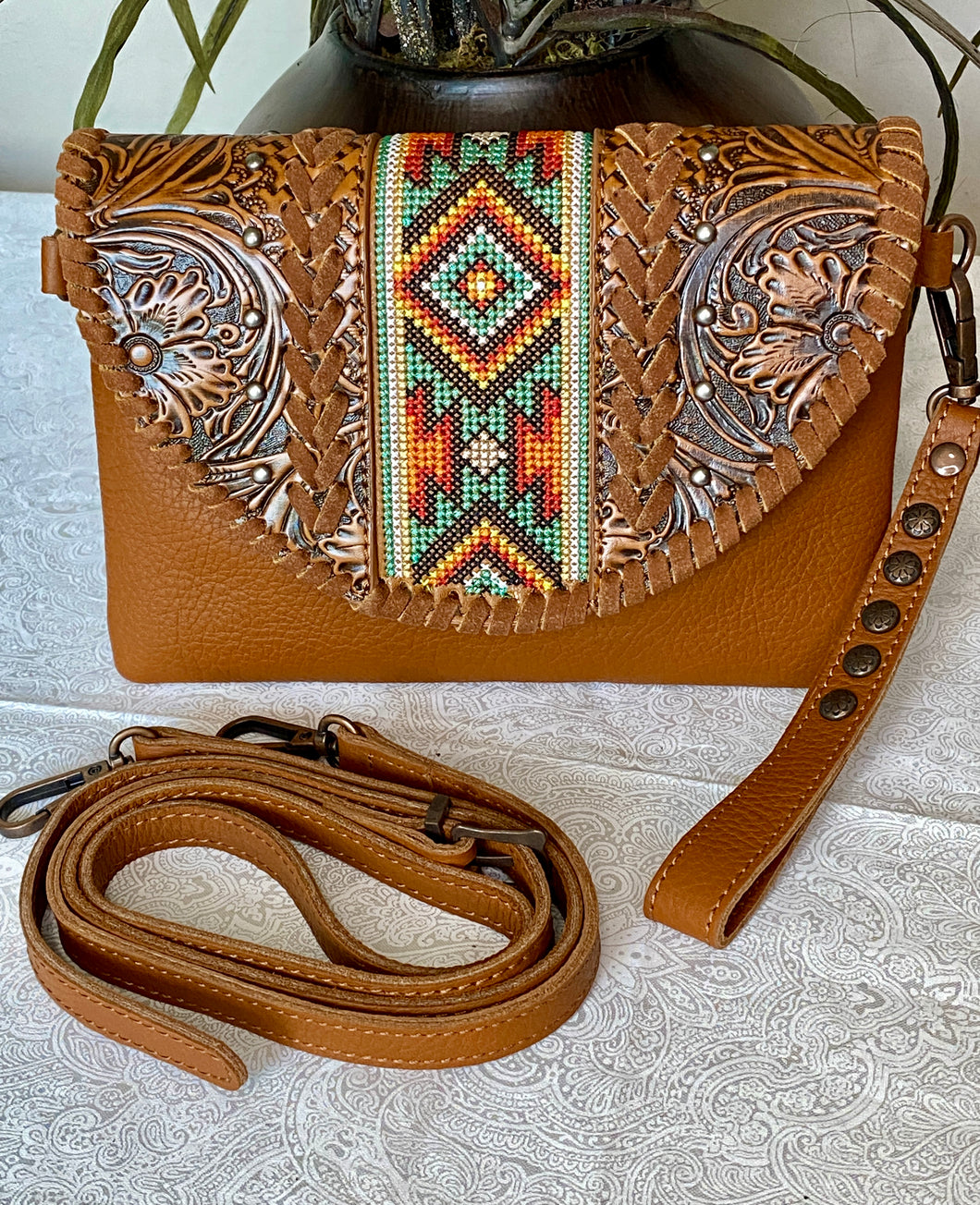 Crossbody Purse / Wristlet with Leather Tooled Details