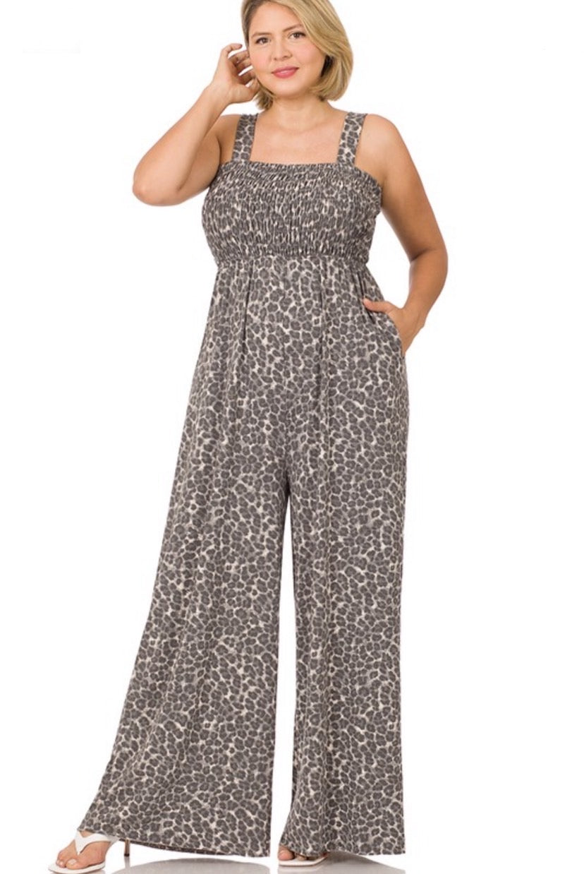 Zenana Leopard Print Wide Leg Jumpsuit - Curvy