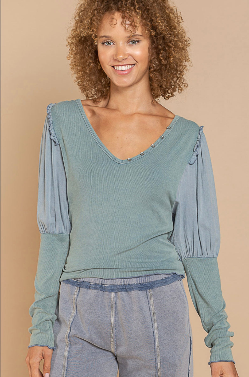 Spruce Blue V-Neckline Ribbed Top with Puff Sleeves by POL Clothing