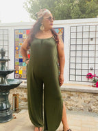 Olive Green Knit Jumpsuit with Side Slits - Women's