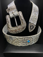White Studded Belt with Rhinestones and Turquoise Accents