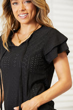 Load image into Gallery viewer, Double Take Eyelet Tie-Neck Flutter Sleeve Blouse
