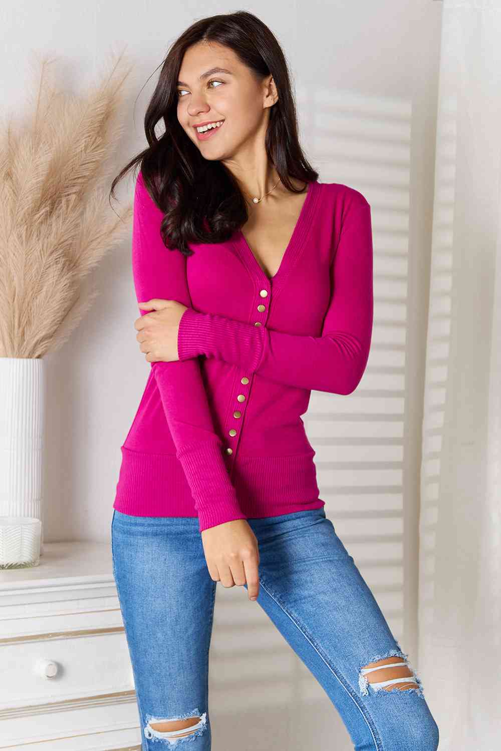 Zenana V-Neck Long Sleeve Cardigan Womens and Curvy - Magenta